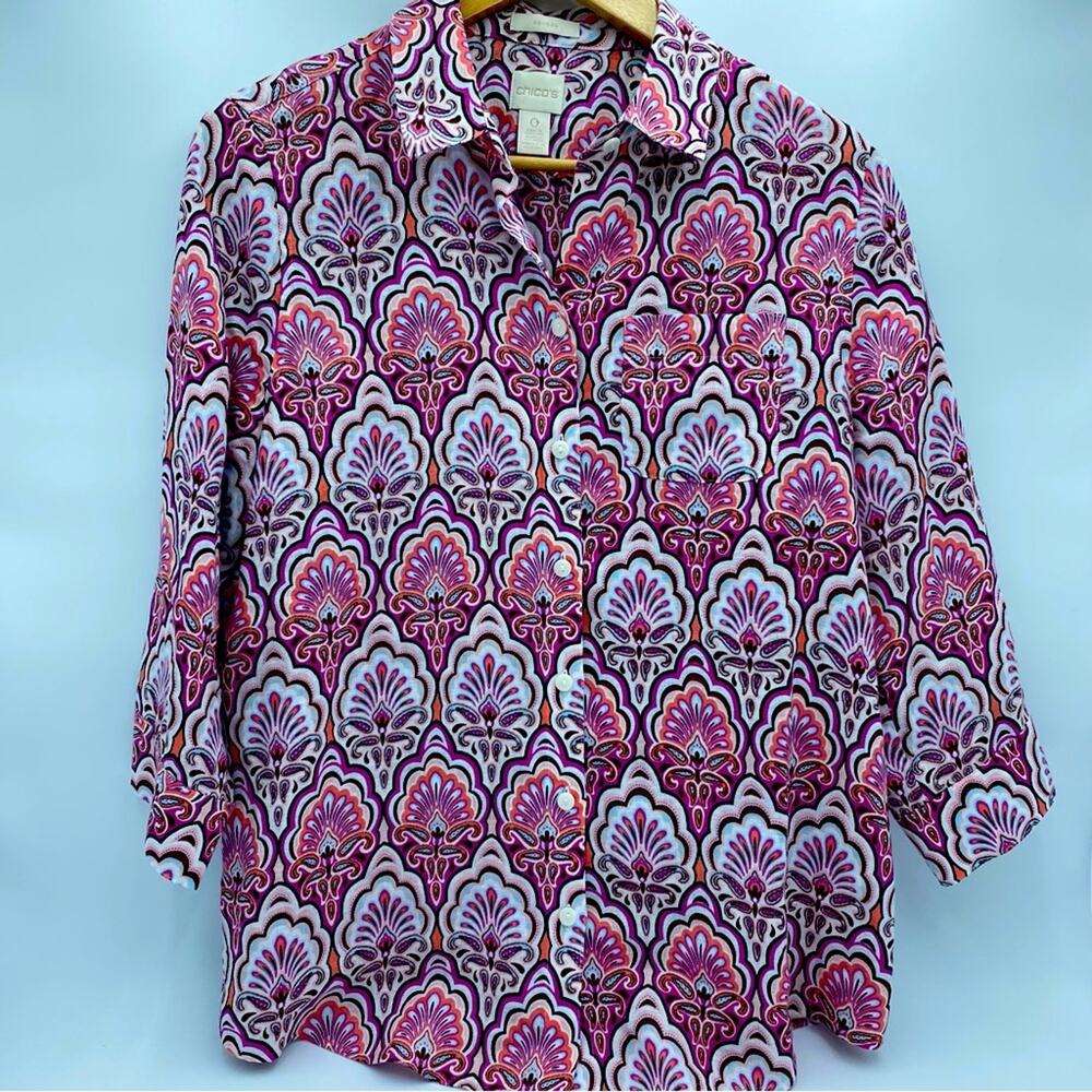 Chicos Linen Blouse Art Deco Print Pink & Purple‎ Small
